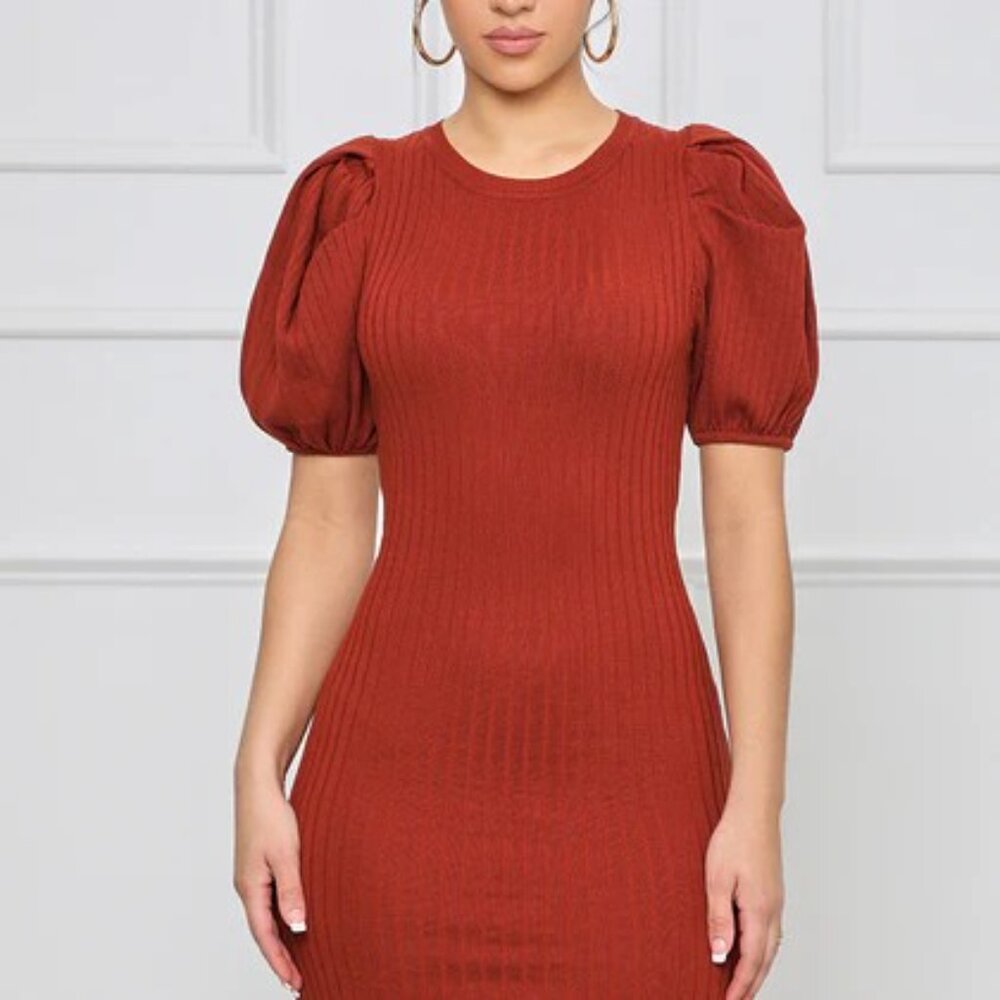 Lily's Kloset Rust "Meet Me Knit" Ribbed Puff Sleeve Dress - Size M